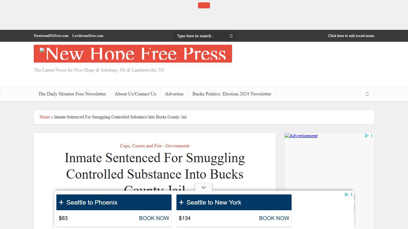Inmate Sentenced For Smuggling Controlled Substance Into Bucks County Jail - New Hope Free Press